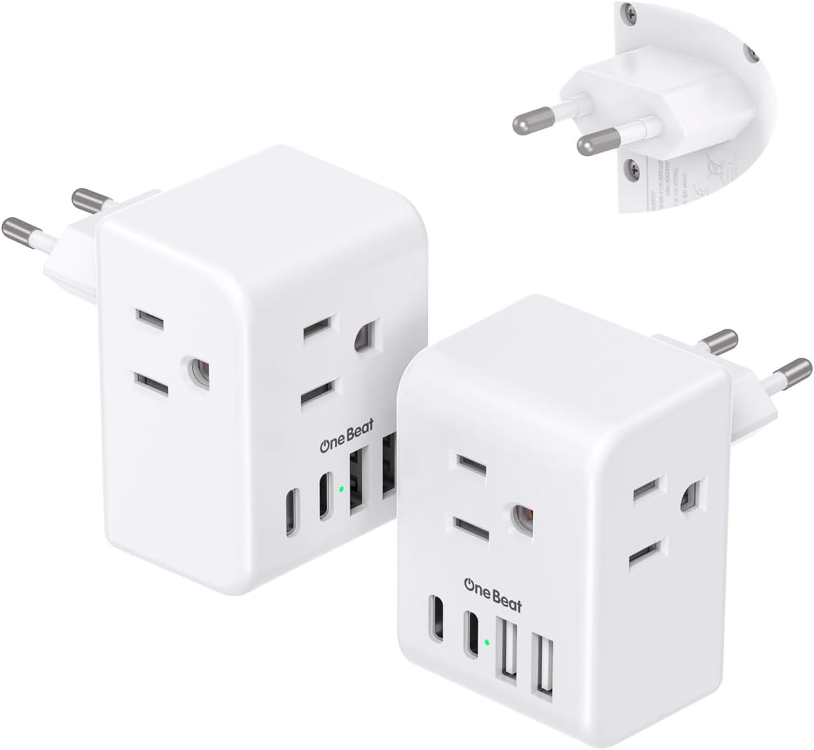 2 Pack European Travel Plug Adapter, VINTAR Foldable International Power Adapter with 2 AC Outlets 3 USB Charging Ports(2 USB C), Type C Power Adaptor to Most Europe Italy Spain France Iceland Germany