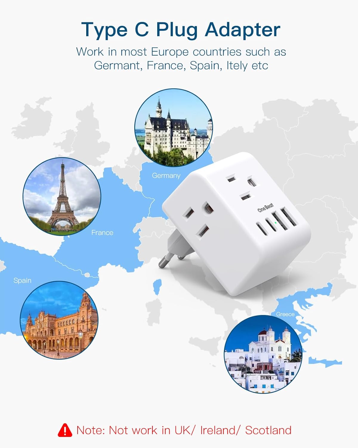 2 Pack European Travel Plug Adapter, VINTAR Foldable International Power Adapter with 2 AC Outlets 3 USB Charging Ports(2 USB C), Type C Power Adaptor to Most Europe Italy Spain France Iceland Germany - Image 3