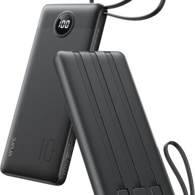VRURC Portable Charger, Built-in 4 Cables Slim Power Bank 10000mAh, USB C Charging Bank with LED Display, Compact Travel Battery Pack with 5 Outputs for Multi Devices, Android-Black(1 Pack)