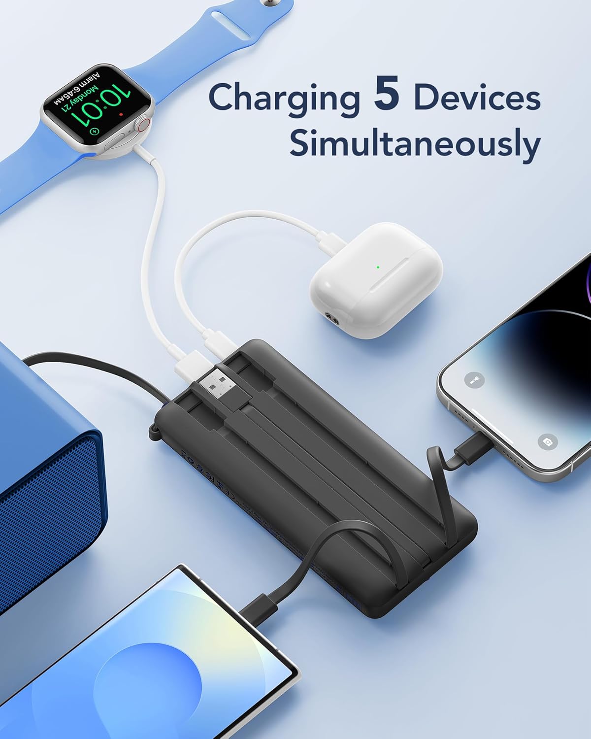VRURC Portable Charger, Built-in 4 Cables Slim Power Bank 10000mAh, USB C Charging Bank with LED Display, Compact Travel Battery Pack with 5 Outputs for Multi Devices, Android-Black(1 Pack) - Image 3