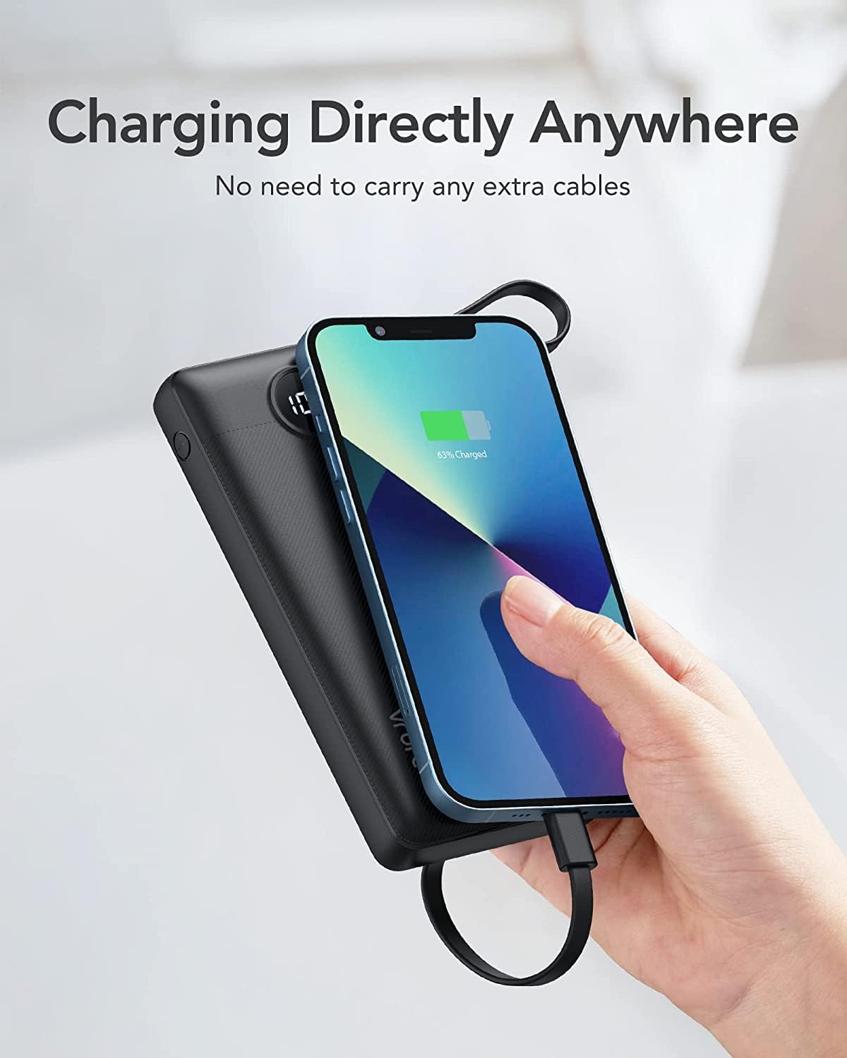 VRURC Portable Charger, Built-in 4 Cables Slim Power Bank 10000mAh, USB C Charging Bank with LED Display, Compact Travel Battery Pack with 5 Outputs for Multi Devices, Android-Black(1 Pack) - Image 7