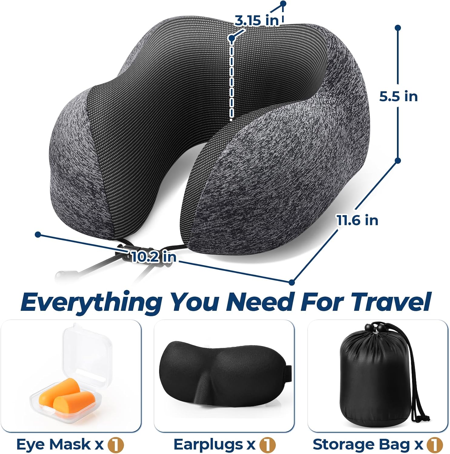 ExploreBliss Travel Pillow, Travel Pillows for Sleeping Airplane, Neck Pillow Airplane, Memory Foam Neck Pillow Set with Eye Mask, Earplugs and Storage Bag -Grey - Image 2