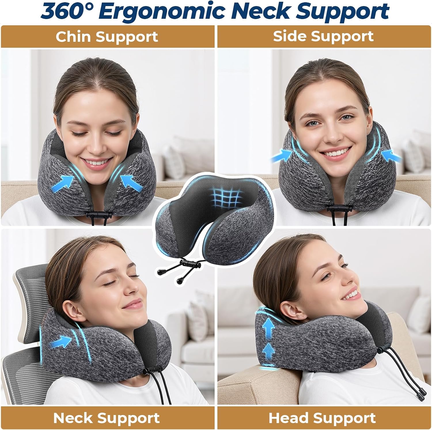 ExploreBliss Travel Pillow, Travel Pillows for Sleeping Airplane, Neck Pillow Airplane, Memory Foam Neck Pillow Set with Eye Mask, Earplugs and Storage Bag -Grey - Image 4
