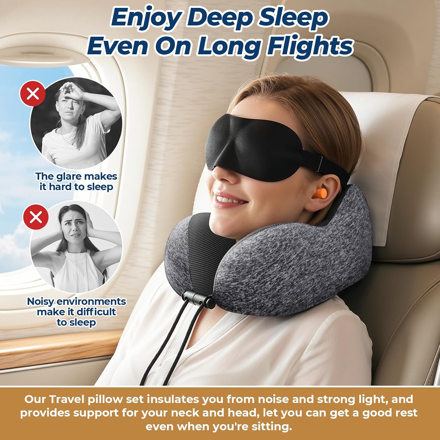 ExploreBliss Travel Pillow, Travel Pillows for Sleeping Airplane, Neck Pillow Airplane, Memory Foam Neck Pillow Set with Eye Mask, Earplugs and Storage Bag -Grey - Image 5