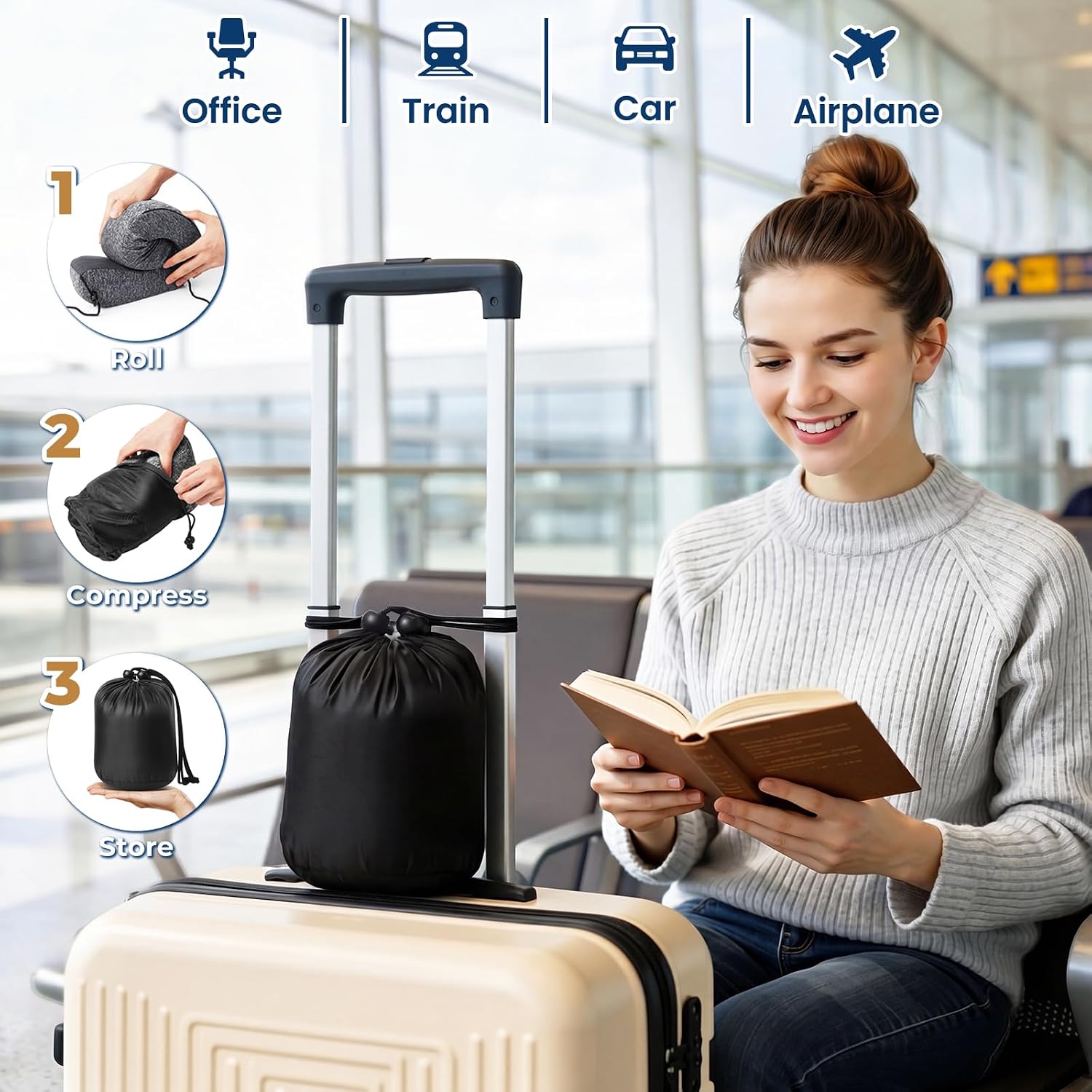 ExploreBliss Travel Pillow, Travel Pillows for Sleeping Airplane, Neck Pillow Airplane, Memory Foam Neck Pillow Set with Eye Mask, Earplugs and Storage Bag -Grey - Image 7